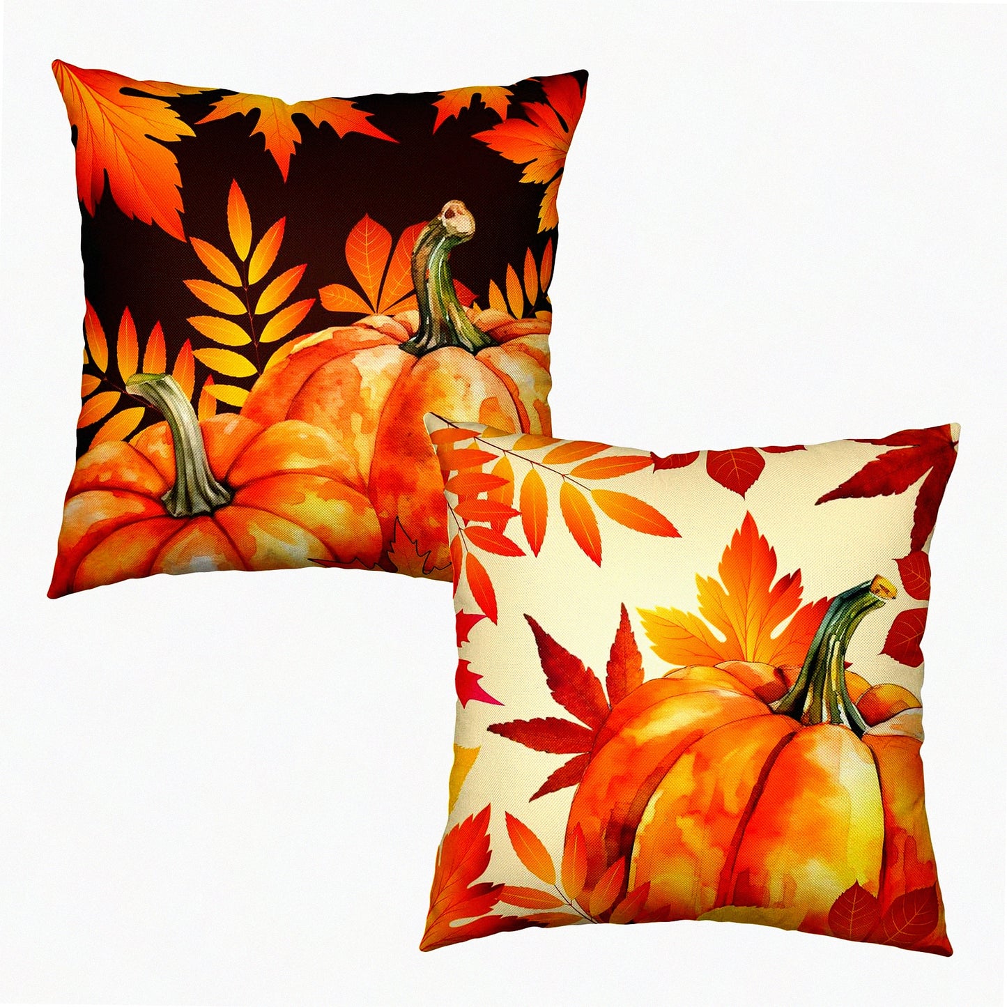 Autumn Harvest Pillow Covers 18x18 Set of 2 - Orange Maple Leaf Pumpkin Throw Pillow Covers - Happy Fall Thanksgiving Decorative Cushion Case for Home Sofa