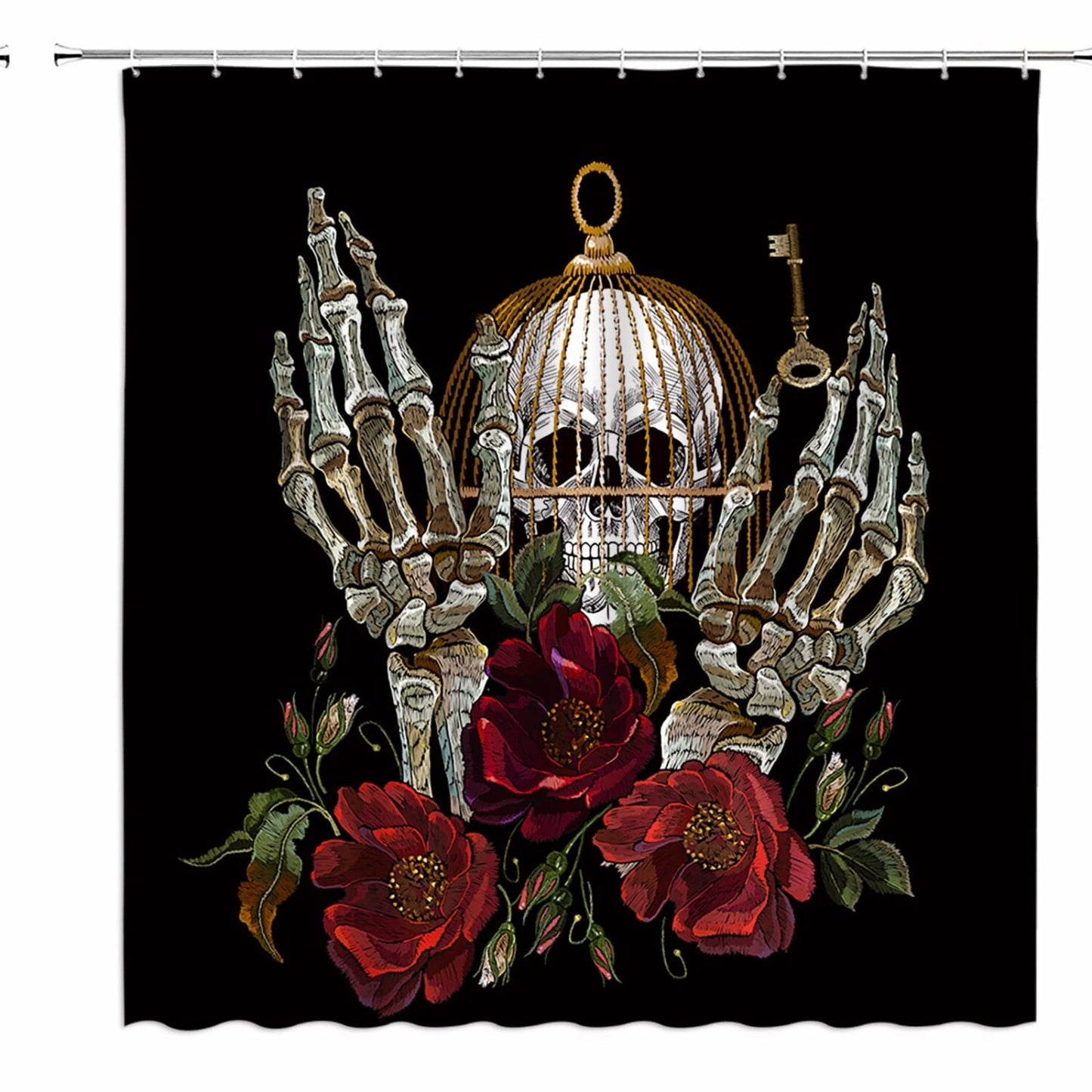Skull Shower Curtain 70x70 Inches Black Red Rose Floral