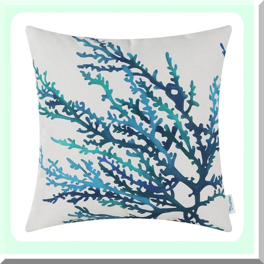 Aquarelle Coral Tree Pillow Cover - Sea Blue Teal Sofa Decor Shell, 18x18 Inches, Couch Home Decoration, Canvas Painting Print