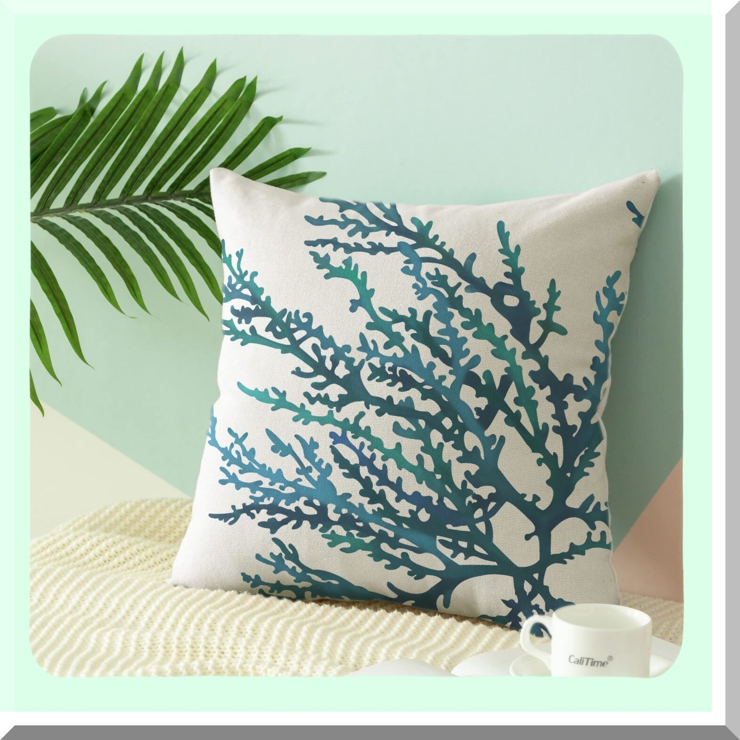 Aquarelle Coral Tree Pillow Cover - Sea Blue Teal Sofa Decor Shell, 18x18 Inches, Couch Home Decoration, Canvas Painting Print