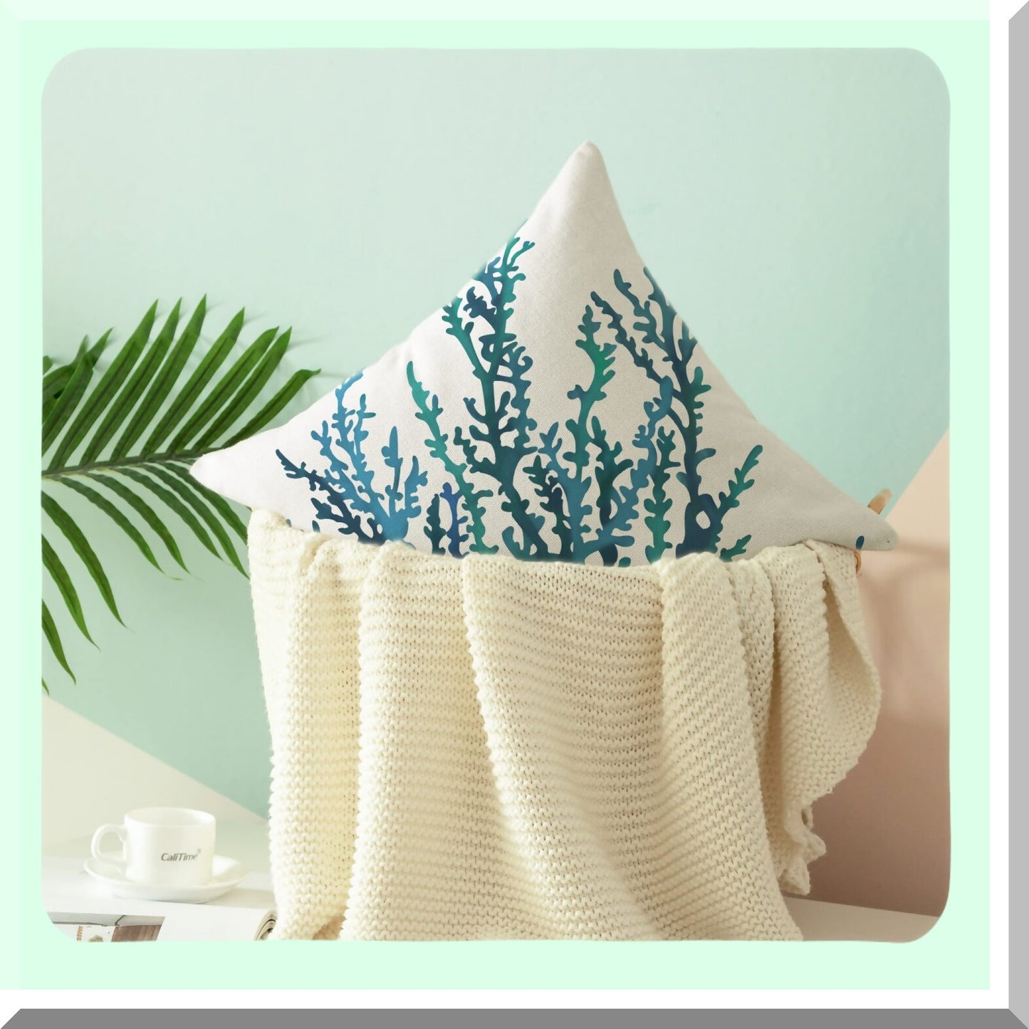 Aquarelle Coral Tree Pillow Cover - Sea Blue Teal Sofa Decor Shell, 18x18 Inches, Couch Home Decoration, Canvas Painting Print