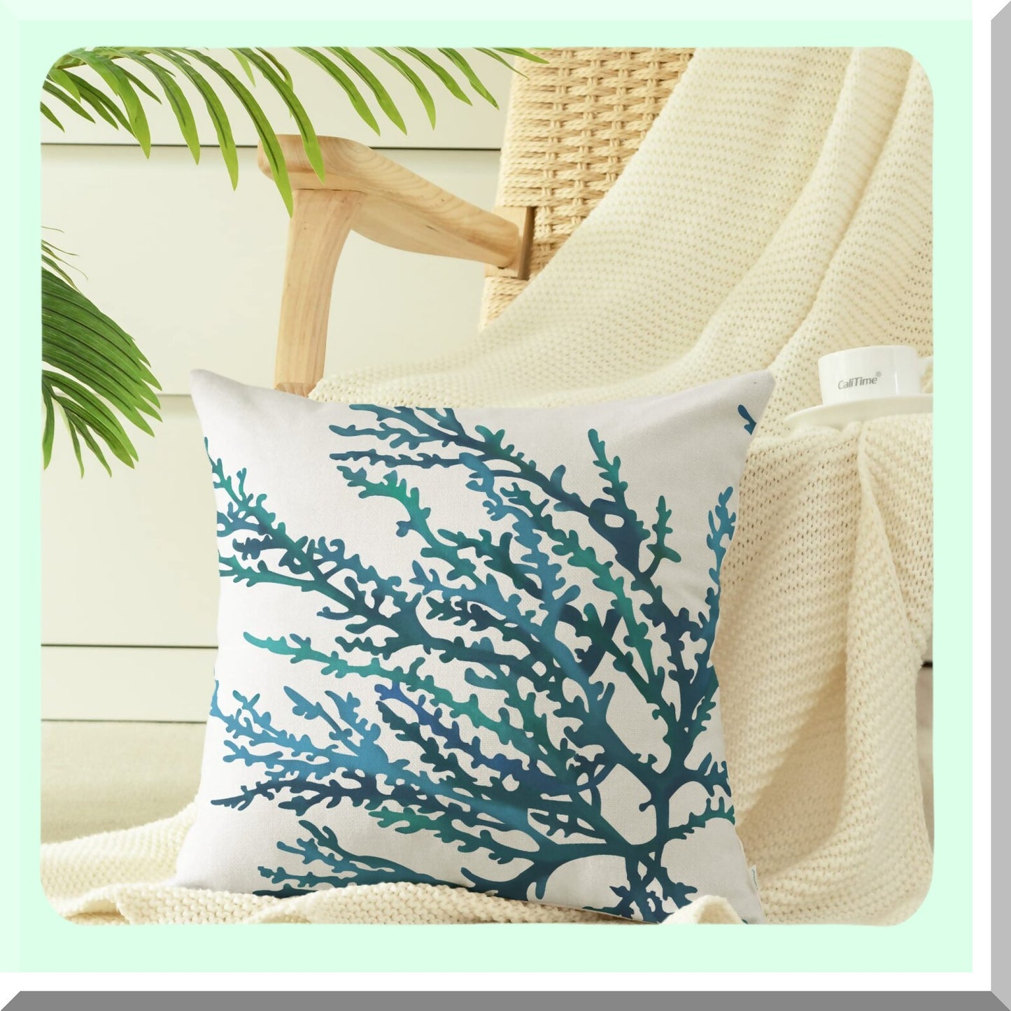 Aquarelle Coral Tree Pillow Cover - Sea Blue Teal Sofa Decor Shell, 18x18 Inches, Couch Home Decoration, Canvas Painting Print
