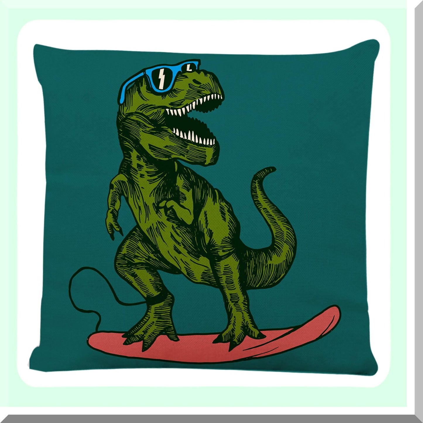 Happy Dino Surfer Pillowcase - Decorative Throw Pillow Cover with Sungles Drawing Animal Graphic for Home Couch Living Room Bed Sofa Car - 18 x 18 Inches