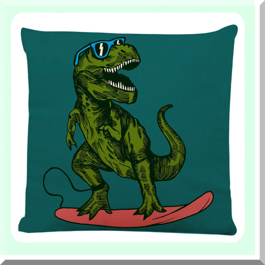 Happy Dino Surfer Pillowcase - Decorative Throw Pillow Cover with Sungles Drawing Animal Graphic for Home Couch Living Room Bed Sofa Car - 18 x 18 Inches
