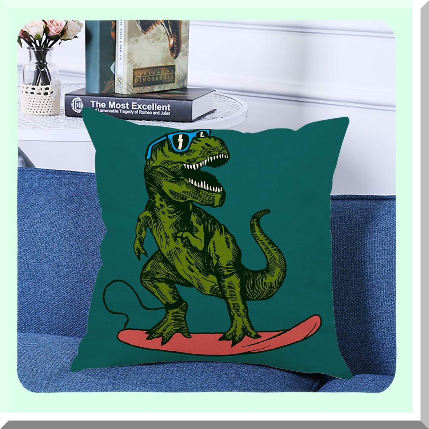 Happy Dino Surfer Pillowcase - Decorative Throw Pillow Cover with Sungles Drawing Animal Graphic for Home Couch Living Room Bed Sofa Car - 18 x 18 Inches
