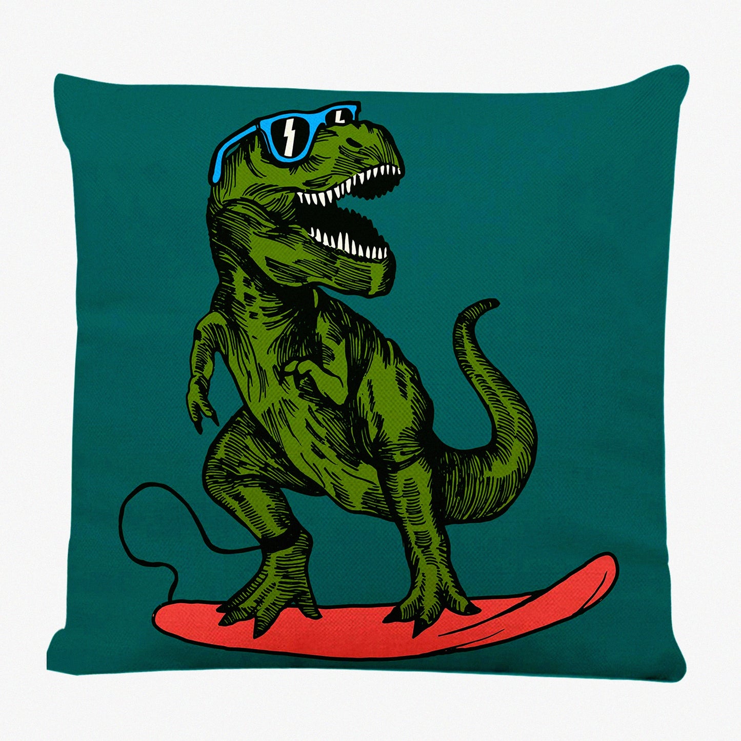 Happy Dino Surfer Pillowcase - Decorative Throw Pillow Cover with Sungles Drawing Animal Graphic for Home Couch Living Room Bed Sofa Car - 18 x 18 Inches