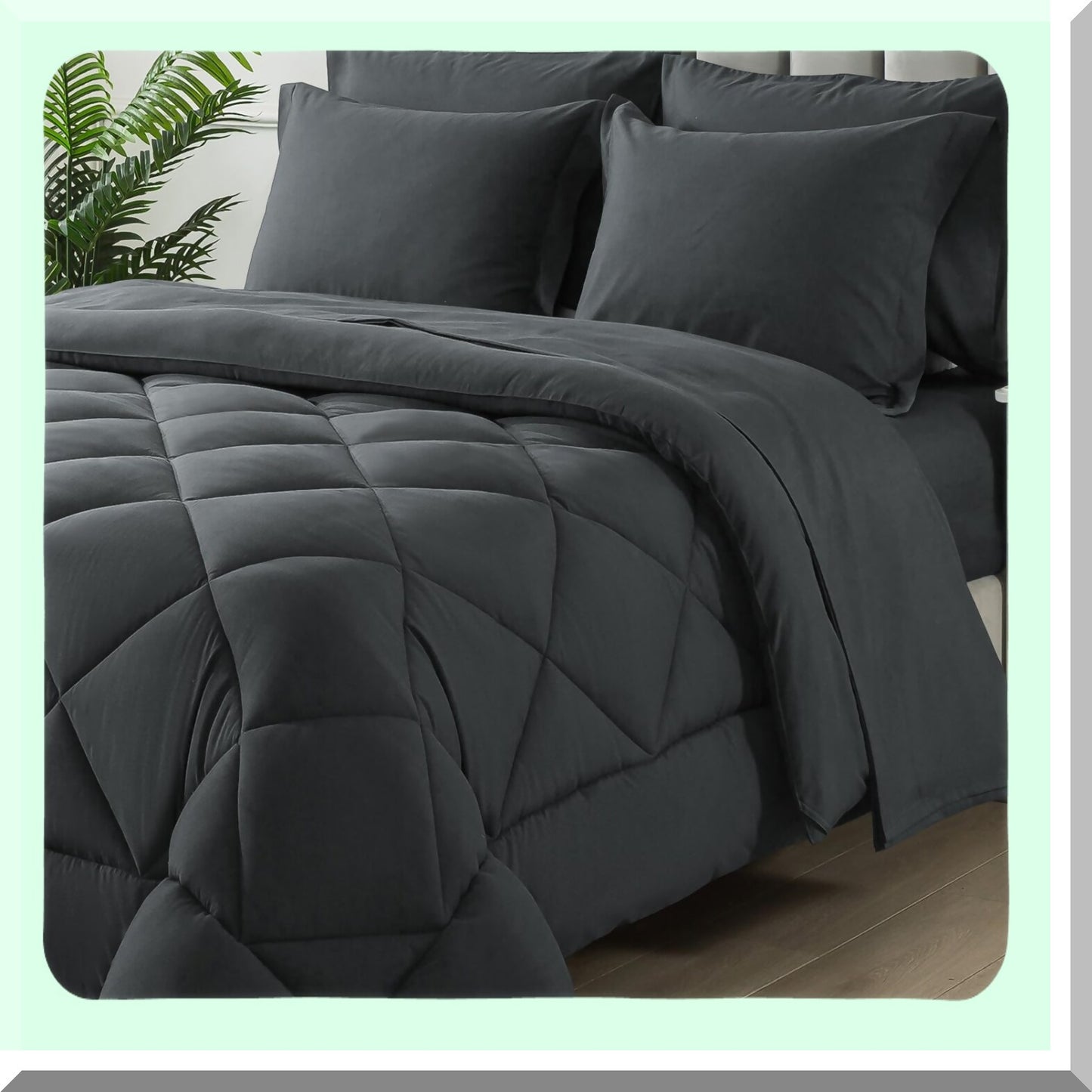 Luxury Comfort 7-Piece Bedding Set - Queen Size Dark Grey Bed in a Bag with Soft Quilted Lightweight Comforter, Flat Sheet, Fitted Sheet, 2 Pillow Shams, 2 Pillowcases - All Season Bedding