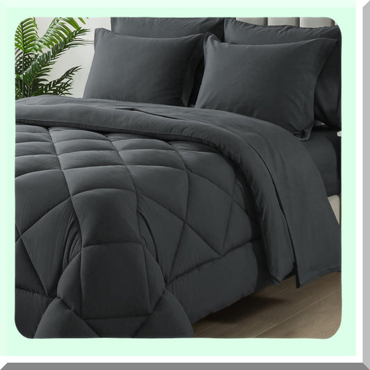 Luxury Comfort 7-Piece Bedding Set - Queen Size Dark Grey Bed in a Bag with Soft Quilted Lightweight Comforter, Flat Sheet, Fitted Sheet, 2 Pillow Shams, 2 Pillowcases - All Season Bedding