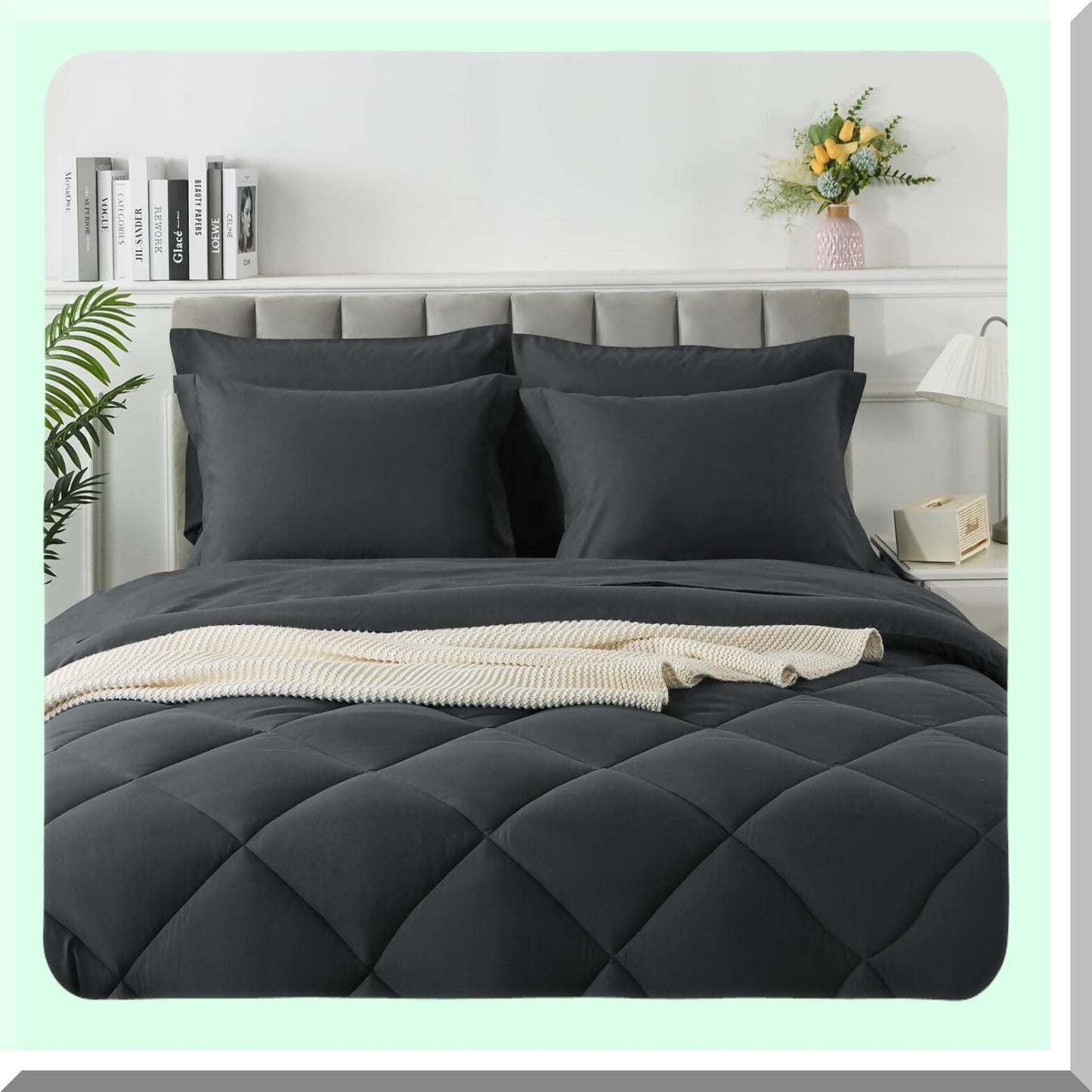 Luxury Comfort 7-Piece Bedding Set - Queen Size Dark Grey Bed in a Bag with Soft Quilted Lightweight Comforter, Flat Sheet, Fitted Sheet, 2 Pillow Shams, 2 Pillowcases - All Season Bedding