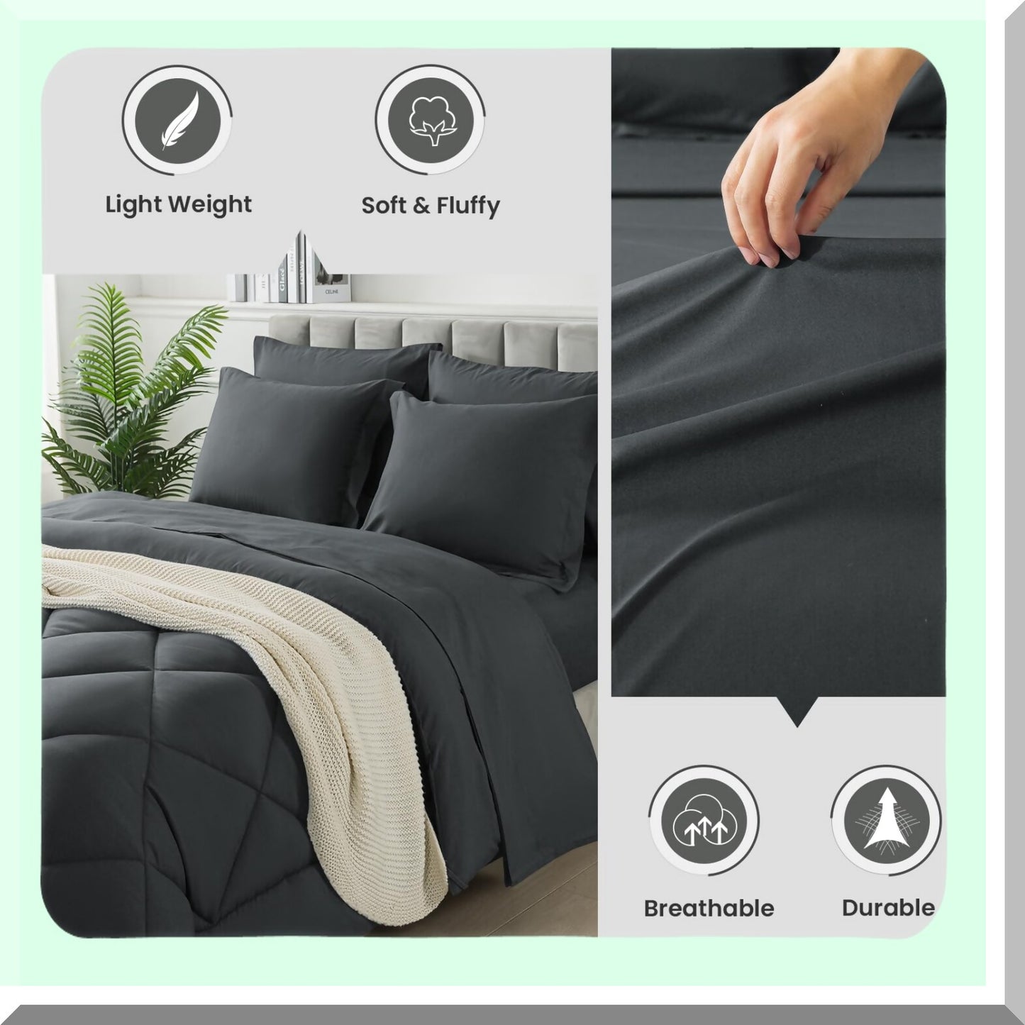 Luxury Comfort 7-Piece Bedding Set - Queen Size Dark Grey Bed in a Bag with Soft Quilted Lightweight Comforter, Flat Sheet, Fitted Sheet, 2 Pillow Shams, 2 Pillowcases - All Season Bedding