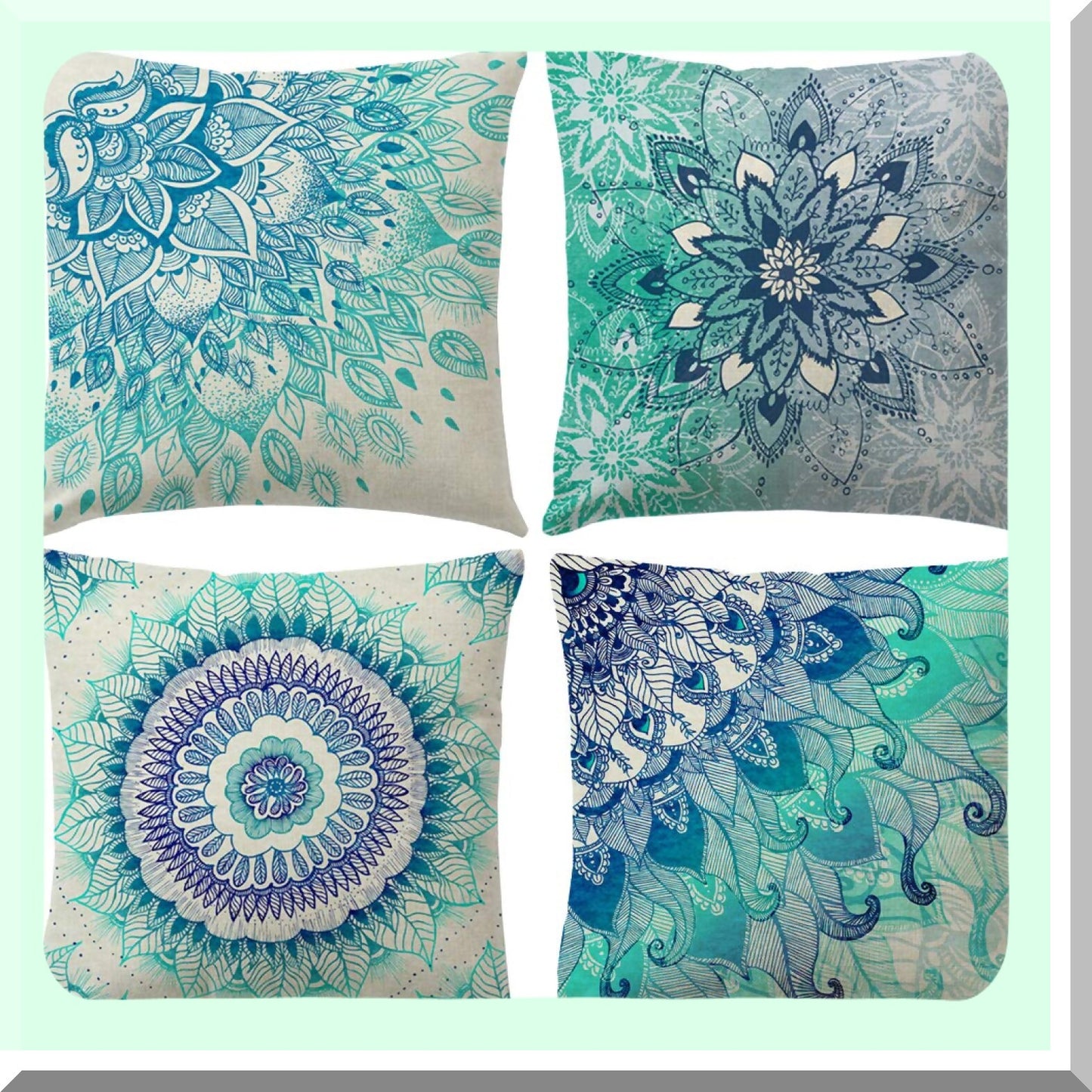 Watercolor Bohemian Floral Pillow Cover Set - 4 Pack 18x18 Inch Square Cushion Covers for Sofa, Bedroom, Car, Outdoor - Blue Decorative Home Decor