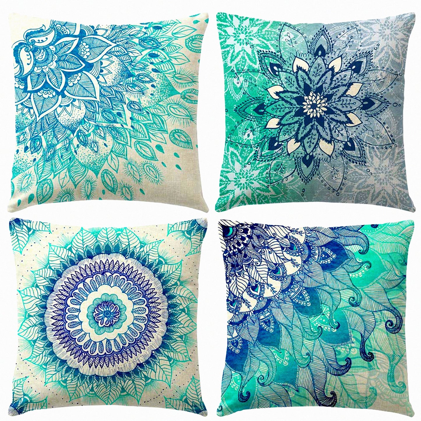 Watercolor Bohemian Floral Pillow Cover Set - 4 Pack 18x18 Inch Square Cushion Covers for Sofa, Bedroom, Car, Outdoor - Blue Decorative Home Decor
