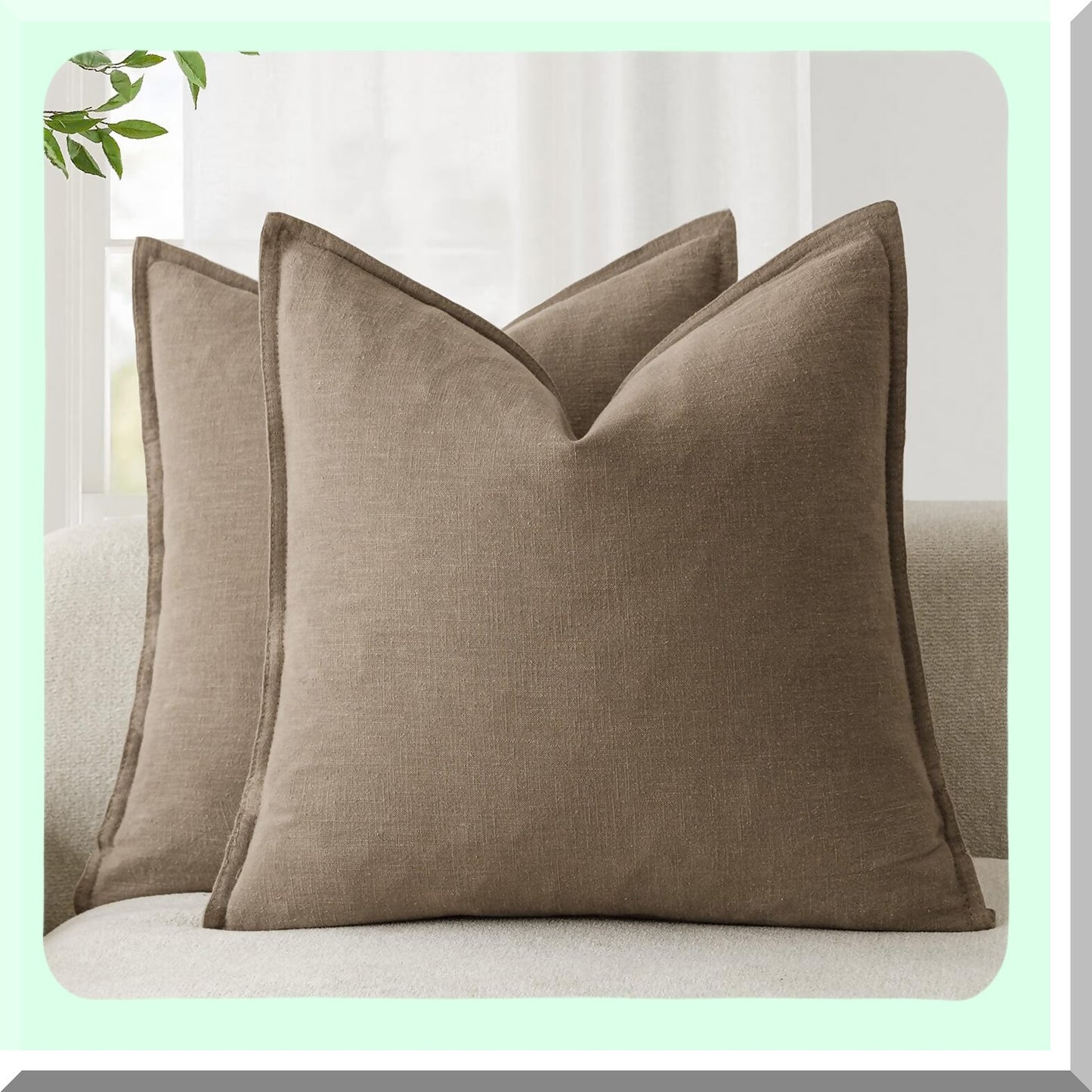 Boho Farmhouse Linen Pillow Covers - Set of 2 Soft Accent Cushion Cases for Chair Couch Sofa - Neutral Home Decor 18x18 Light Brown