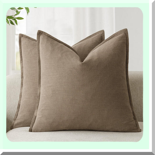 Boho Farmhouse Linen Pillow Covers - Set of 2 Soft Accent Cushion Cases for Chair Couch Sofa - Neutral Home Decor 18x18 Light Brown