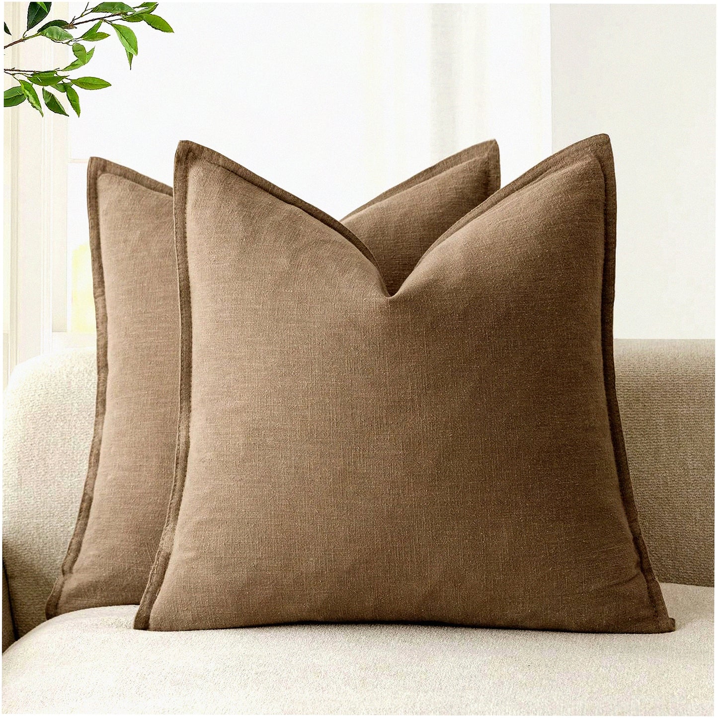 Boho Farmhouse Linen Pillow Covers - Set of 2 Soft Accent Cushion Cases for Chair Couch Sofa - Neutral Home Decor 18x18 Light Brown