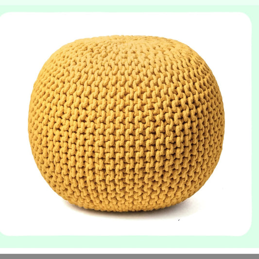 Yellow Knitted Cotton Round Pouf Ottoman - 100% Hand Knitted Foot Stool & Bean Bag for Living Room & Bedroom - Floor Chair & Foot Rest for Couch (20"x14")