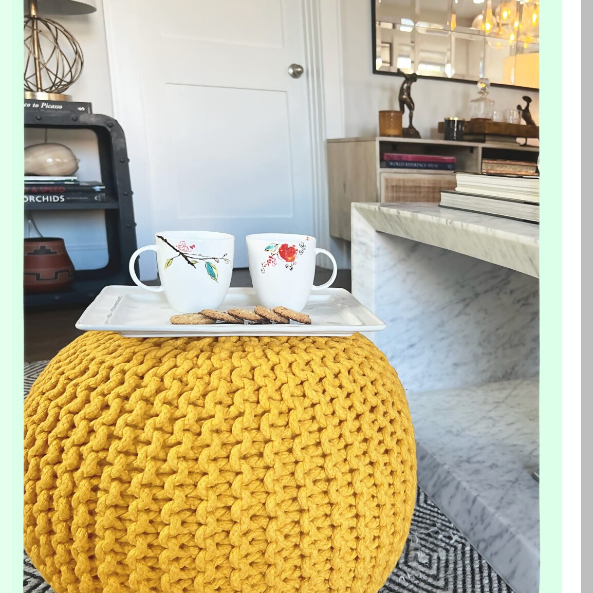 Yellow Knitted Cotton Round Pouf Ottoman - 100% Hand Knitted Foot Stool & Bean Bag for Living Room & Bedroom - Floor Chair & Foot Rest for Couch (20"x14")