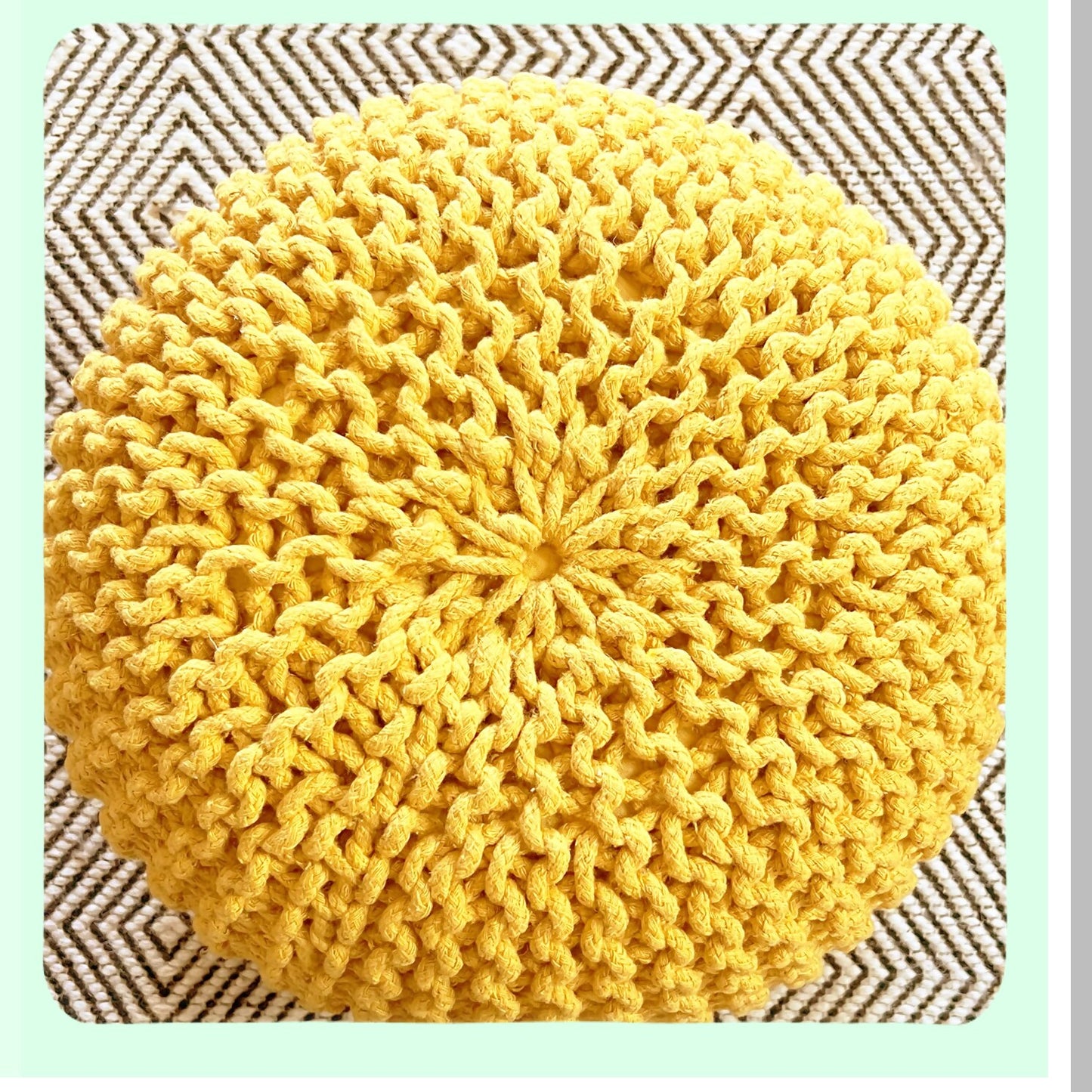 Yellow Knitted Cotton Round Pouf Ottoman - 100% Hand Knitted Foot Stool & Bean Bag for Living Room & Bedroom - Floor Chair & Foot Rest for Couch (20"x14")