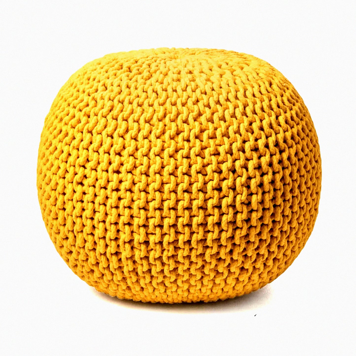 Yellow Knitted Cotton Round Pouf Ottoman - 100% Hand Knitted Foot Stool & Bean Bag for Living Room & Bedroom - Floor Chair & Foot Rest for Couch (20"x14")