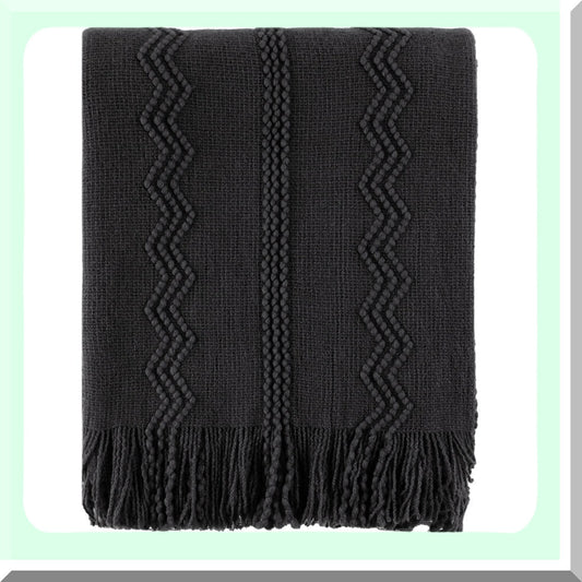 CozyFringe Black Knit Throw Blanket - Elegant 50"x60" Decorative Bed & Sofa Accent"
