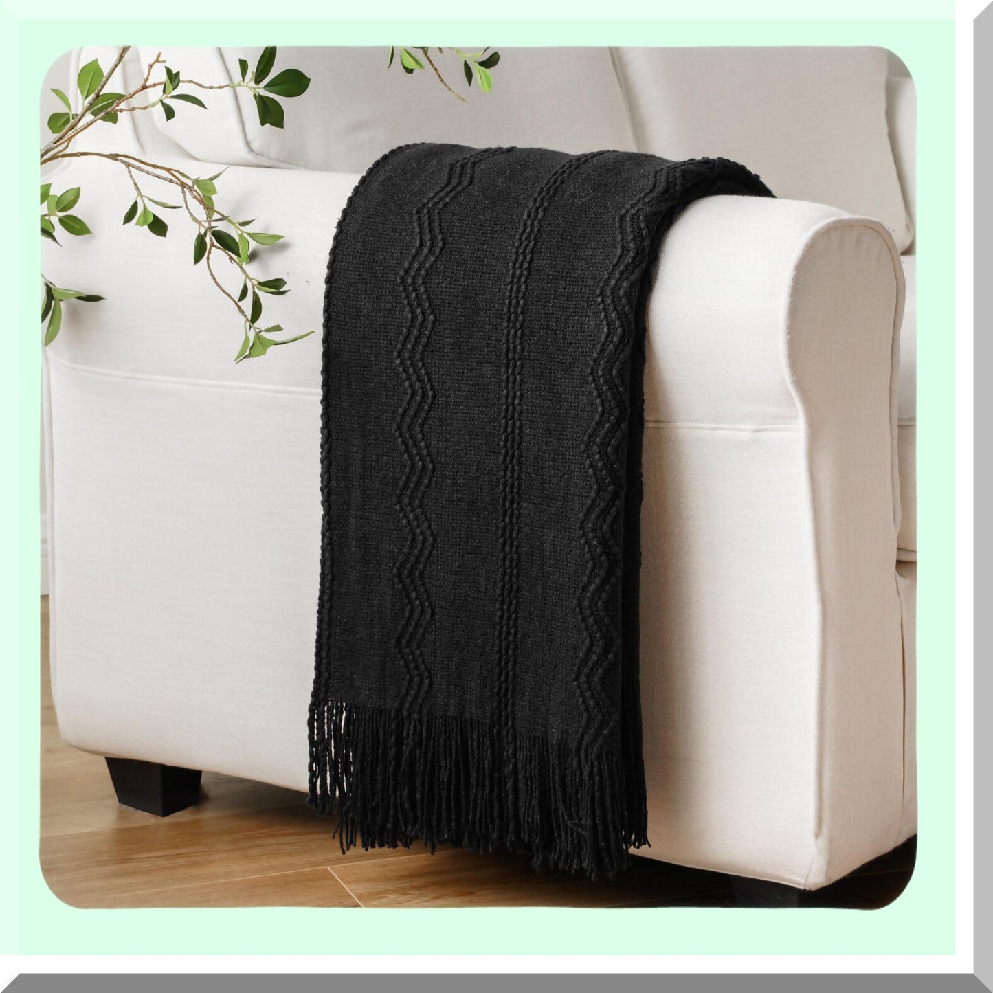 CozyFringe Black Knit Throw Blanket - Elegant 50"x60" Decorative Bed & Sofa Accent"