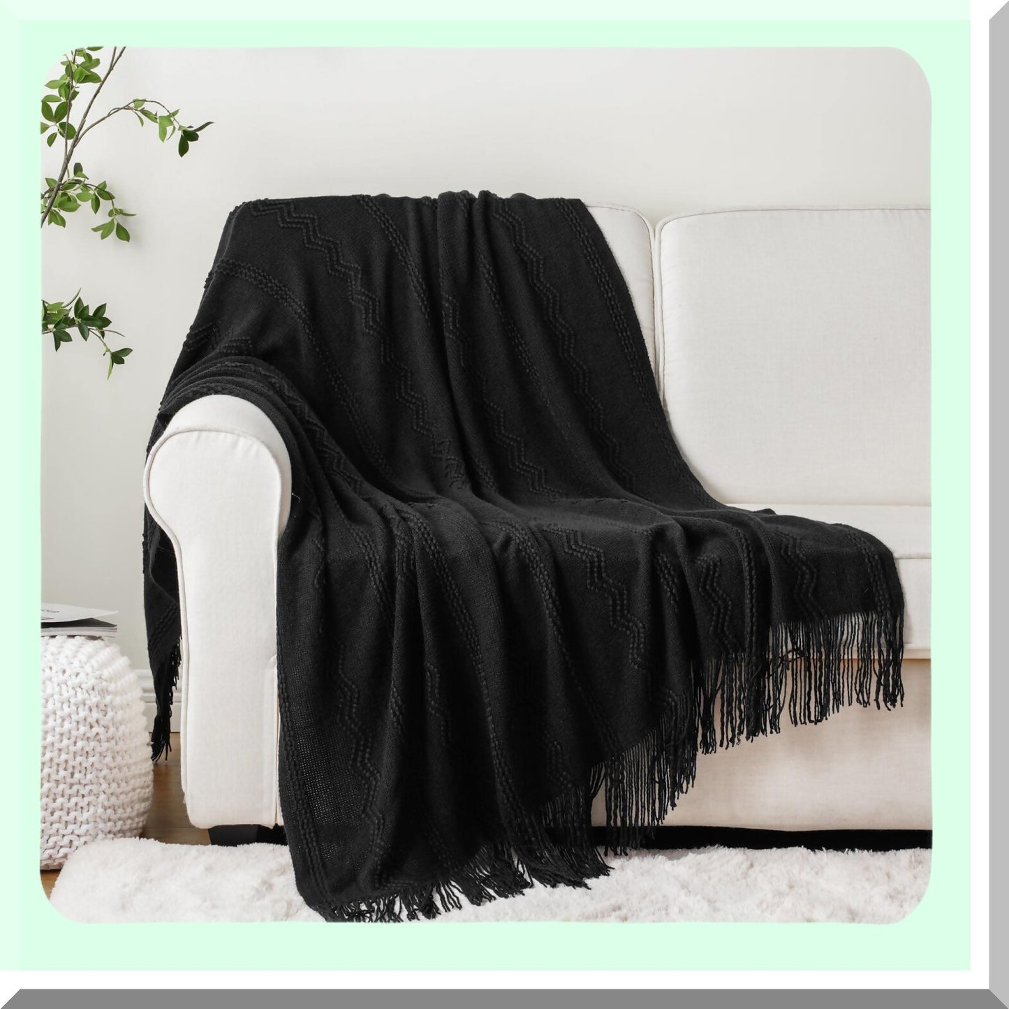 CozyFringe Black Knit Throw Blanket - Elegant 50"x60" Decorative Bed & Sofa Accent"