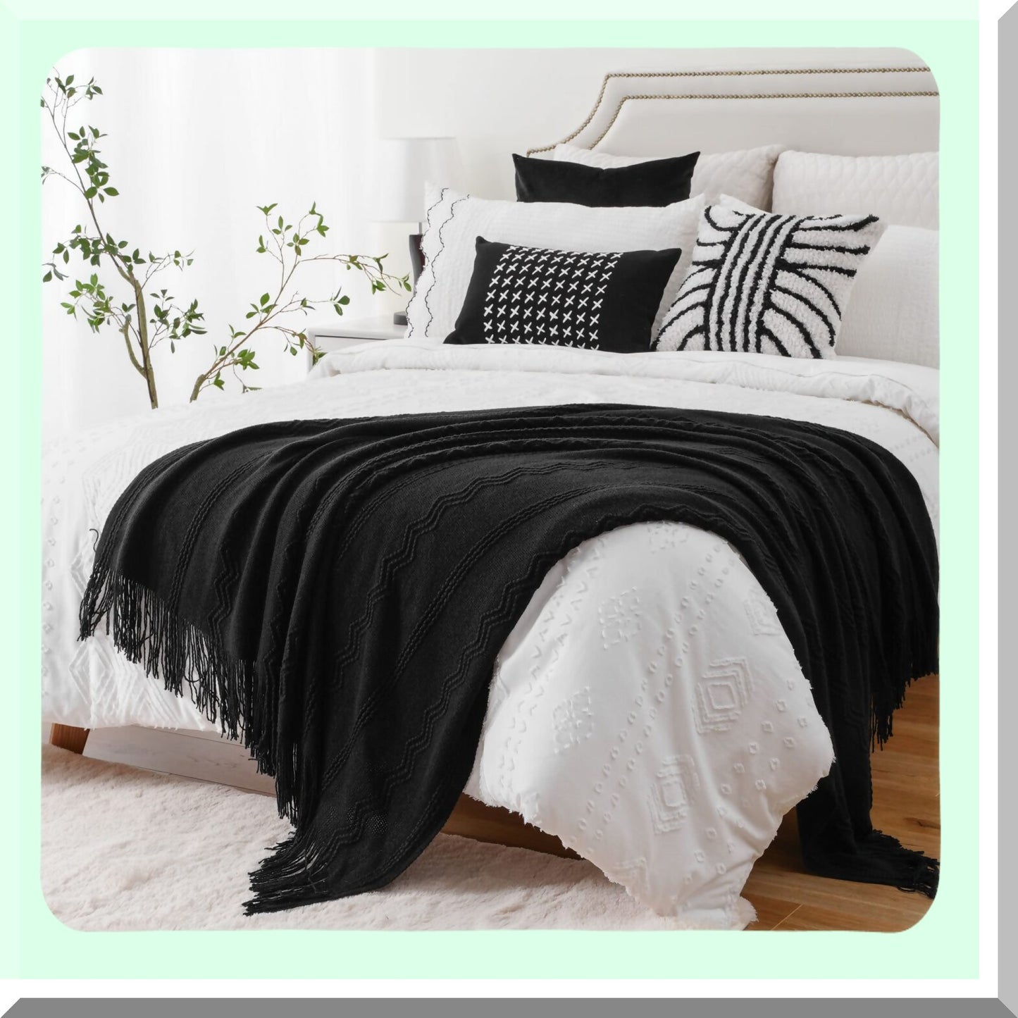 CozyFringe Black Knit Throw Blanket - Elegant 50"x60" Decorative Bed & Sofa Accent"