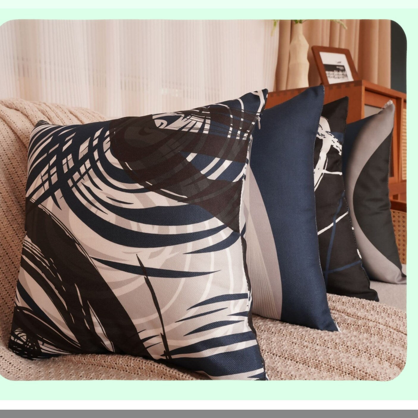Navy Stripe Abstract Decor Pillow Set - Bold Grey Square Covers - Modern Acrylic Home Decor - Black White 20x20 Inches Cases