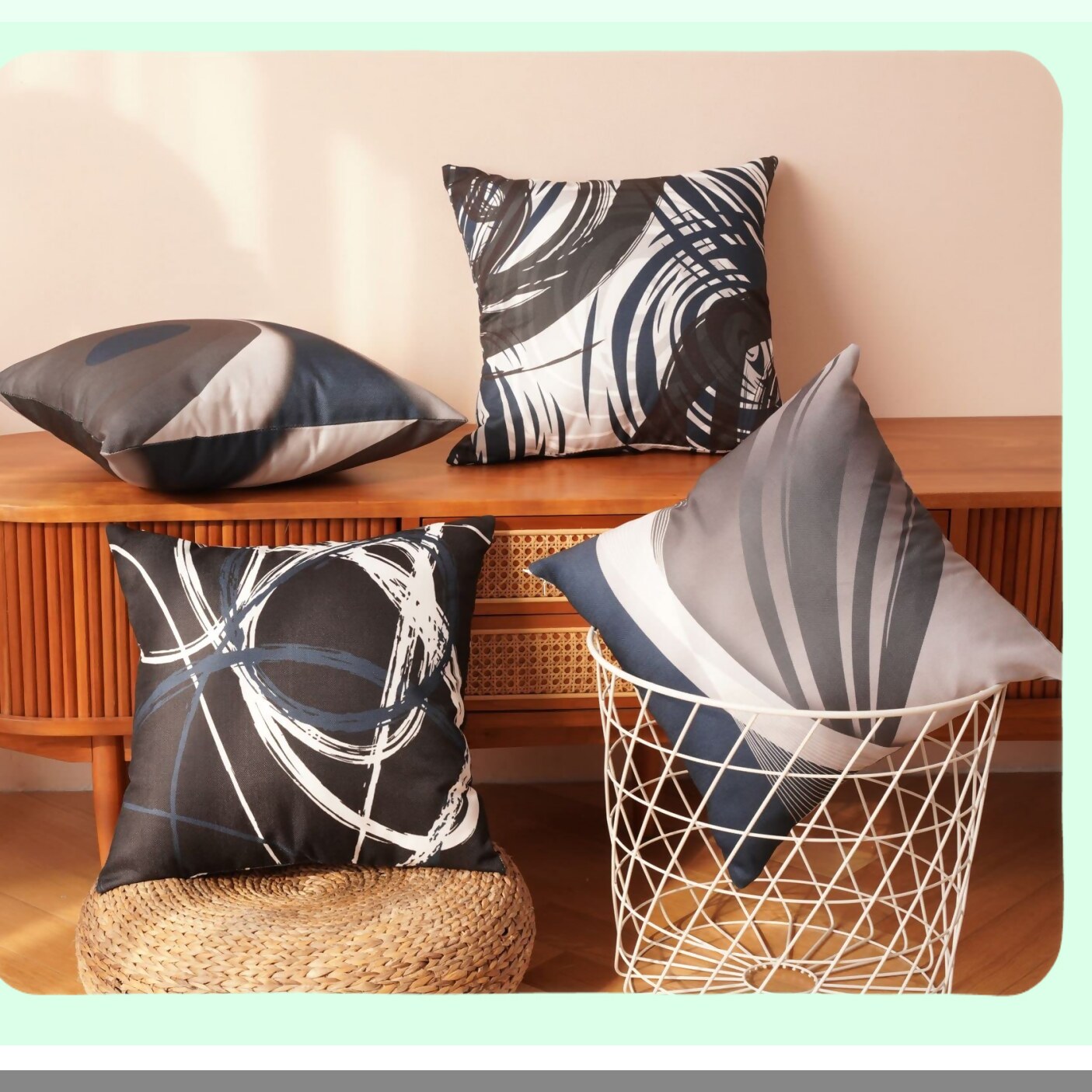 Navy Stripe Abstract Decor Pillow Set - Bold Grey Square Covers - Modern Acrylic Home Decor - Black White 20x20 Inches Cases