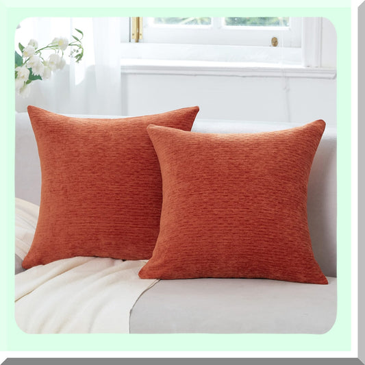 Autumn Harvest Chenille Pillow Covers - Set of 2 18x18 Inch Burnt Orange Decorative Throw Cushion Covers for Seasonal Fall Farmhouse Home Decor
