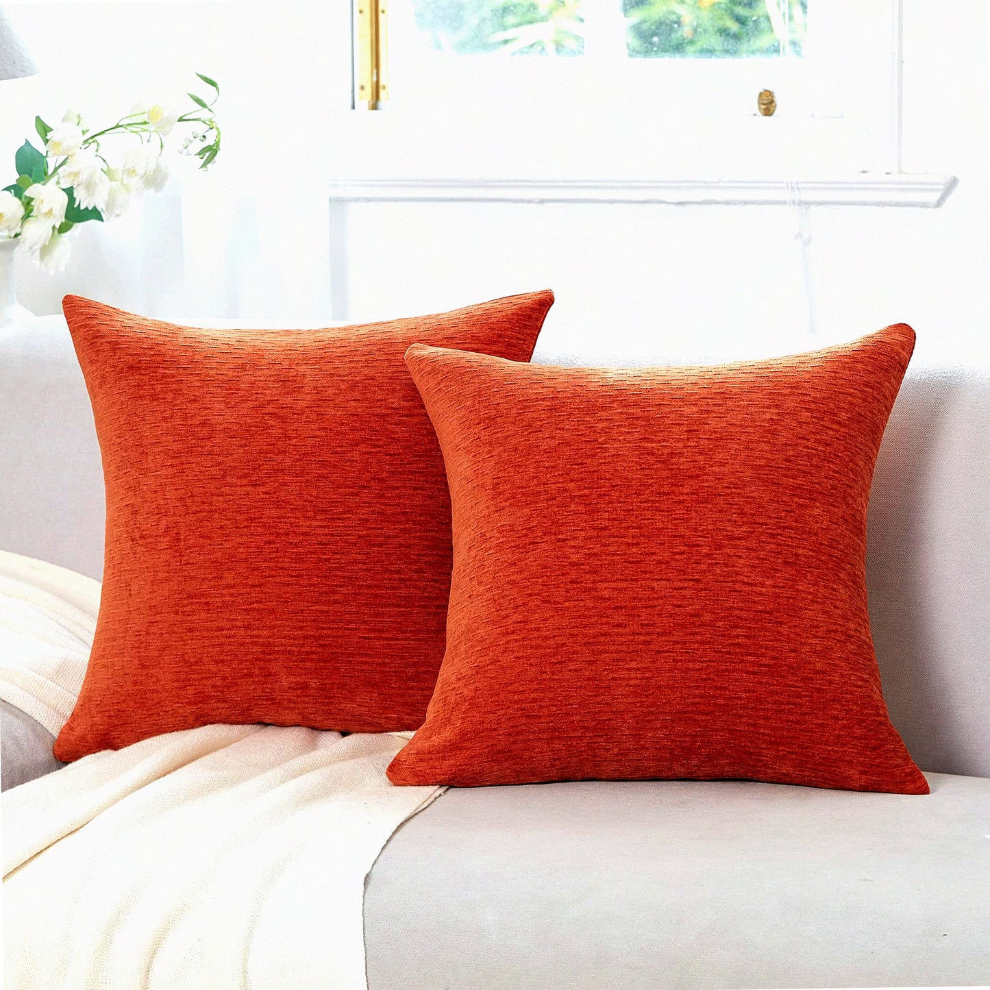 Autumn Harvest Chenille Pillow Covers - Set of 2 18x18 Inch Burnt Orange Decorative Throw Cushion Covers for Seasonal Fall Farmhouse Home Decor