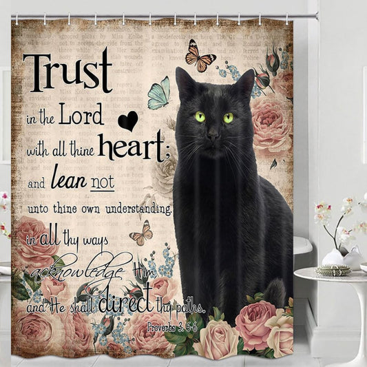 Black Cat Shower Curtain with Rose Floral, 69x70