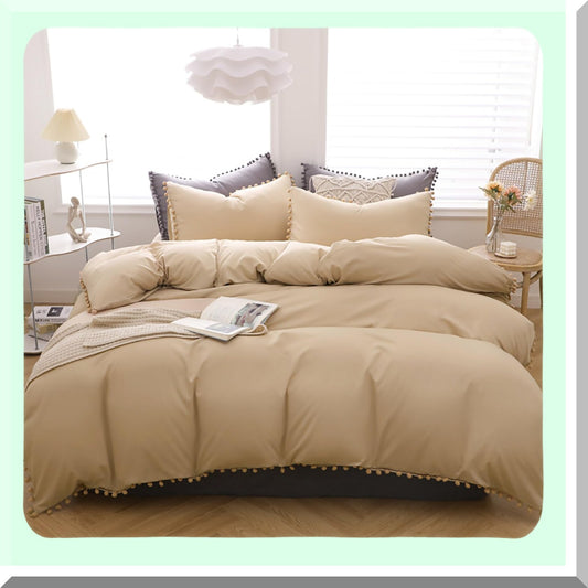 Champagne Comforter Set with Pom Pom Ball Fringe - Soft Beige California Bedding Quilt for Women and Girls - Chic Cream Khaki Blanket