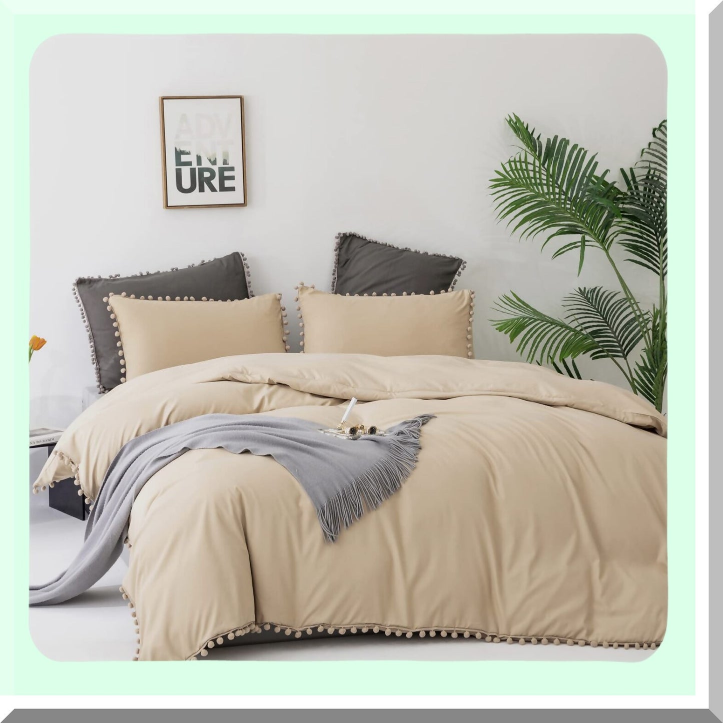 Champagne Comforter Set with Pom Pom Ball Fringe - Soft Beige California Bedding Quilt for Women and Girls - Chic Cream Khaki Blanket