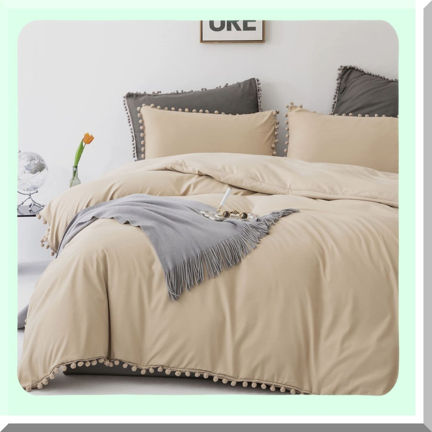 Champagne Comforter Set with Pom Pom Ball Fringe - Soft Beige California Bedding Quilt for Women and Girls - Chic Cream Khaki Blanket
