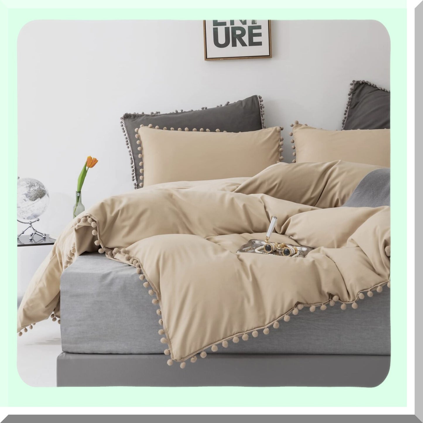 Champagne Comforter Set with Pom Pom Ball Fringe - Soft Beige California Bedding Quilt for Women and Girls - Chic Cream Khaki Blanket