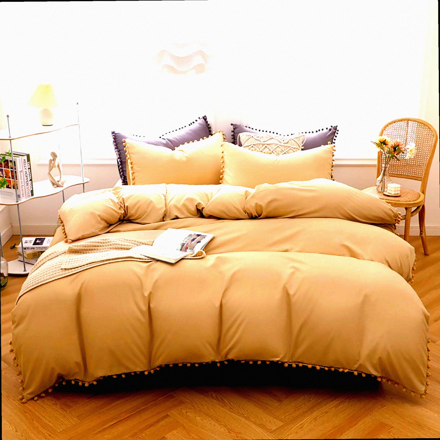 Champagne Comforter Set with Pom Pom Ball Fringe - Soft Beige California Bedding Quilt for Women and Girls - Chic Cream Khaki Blanket