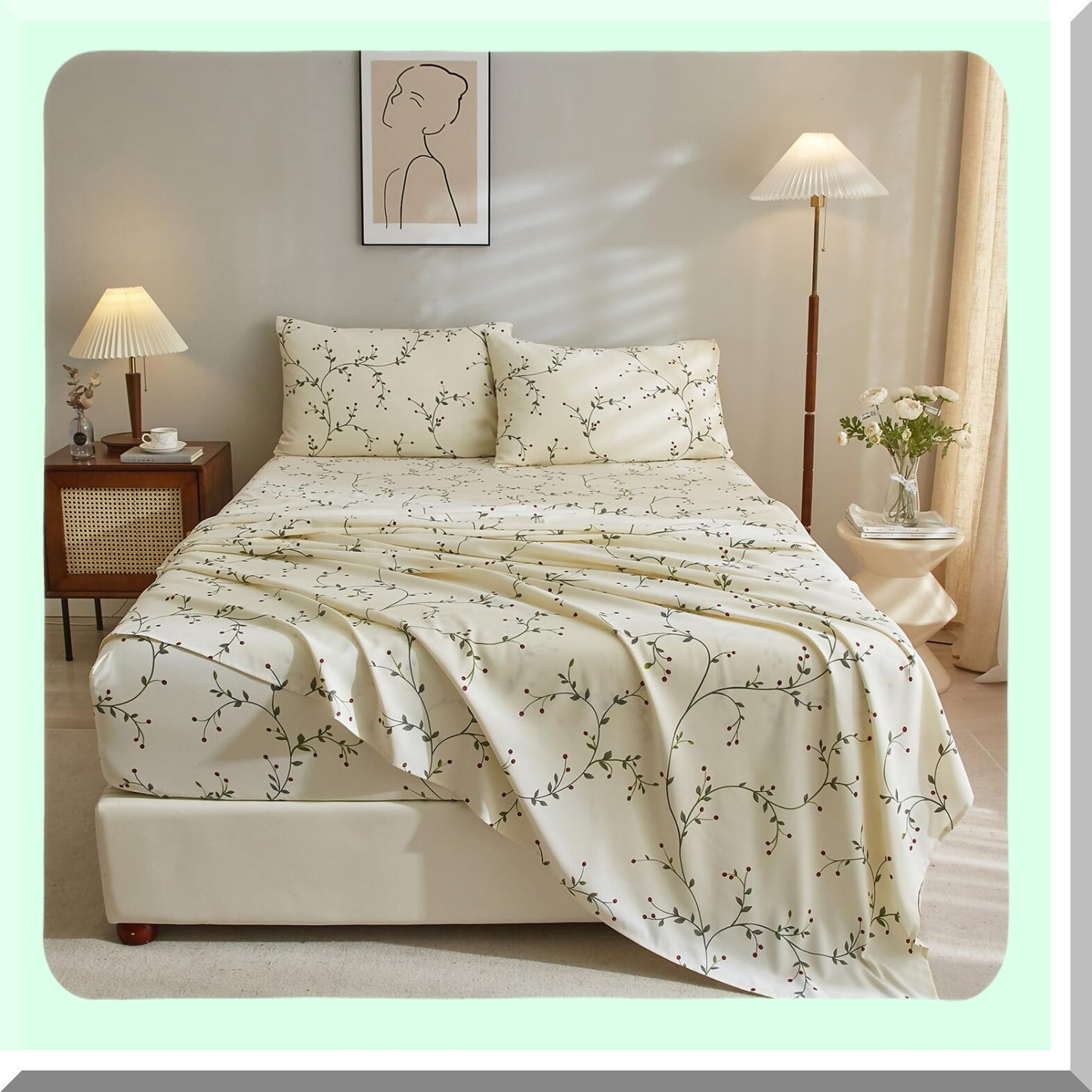 Floral Bliss Queen Sheet Set - 4 PC Extra Deep Pocket Microfiber Bed Sheets - Soft & Breathable - Modern Cream Design - Wrinkle, Fade, Stain Resistant