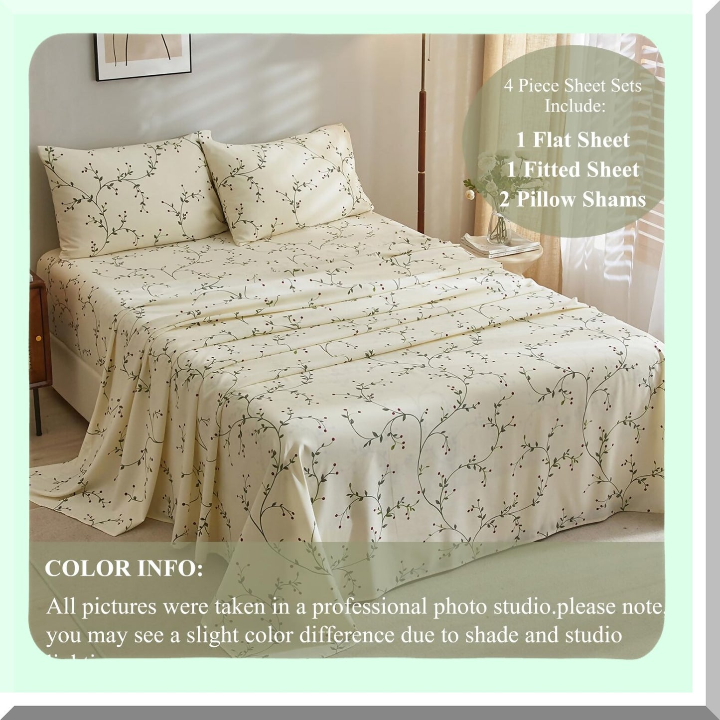Floral Bliss Queen Sheet Set - 4 PC Extra Deep Pocket Microfiber Bed Sheets - Soft & Breathable - Modern Cream Design - Wrinkle, Fade, Stain Resistant