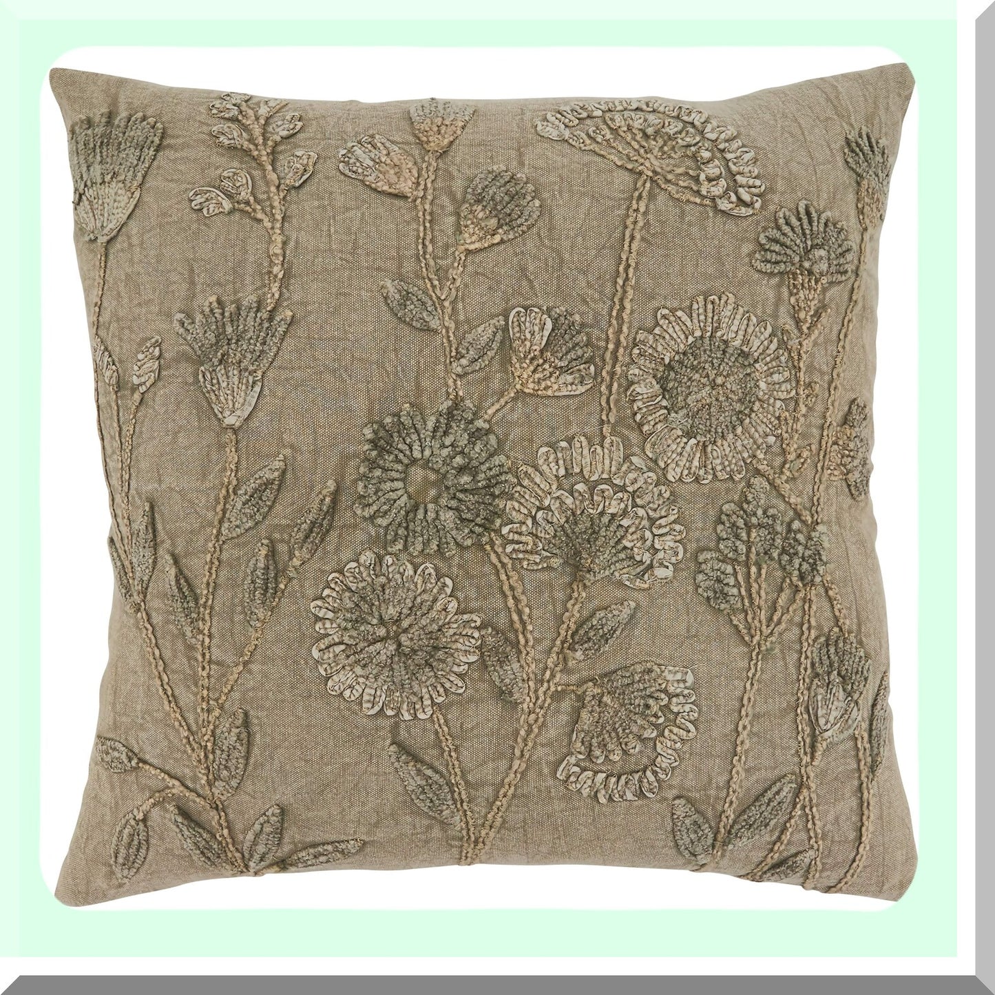 Floral Stone Washed Taupe Pillow Cover - Genevieve Collection - 20"