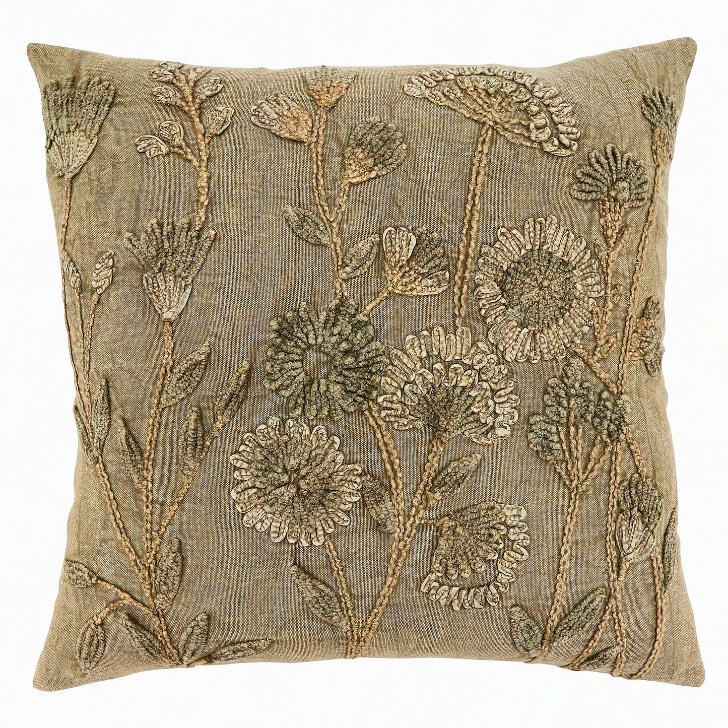 Floral Stone Washed Taupe Pillow Cover - Genevieve Collection - 20"