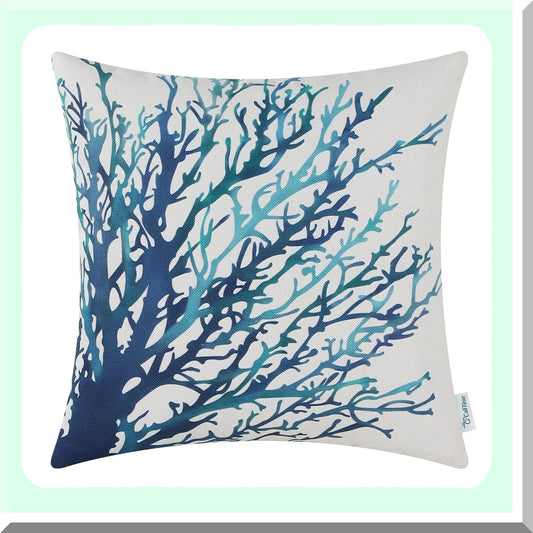 Aquarelle Coral Tree Pillow Cover - Sea Blue Teal Sofa Decor Shell, 18x18 Inches, Couch Home Decoration, Canvas Painting Print