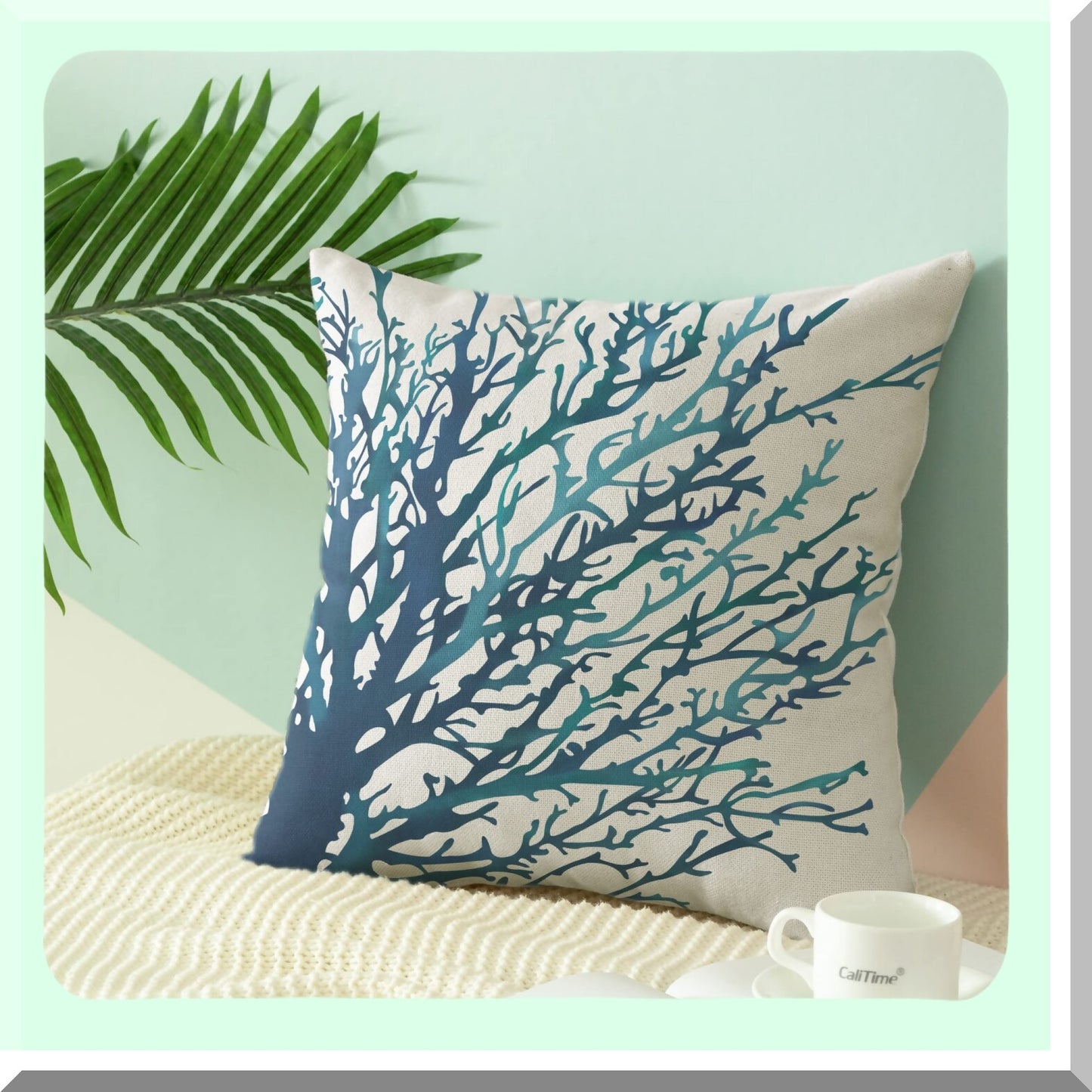 Aquarelle Coral Tree Pillow Cover - Sea Blue Teal Sofa Decor Shell, 18x18 Inches, Couch Home Decoration, Canvas Painting Print
