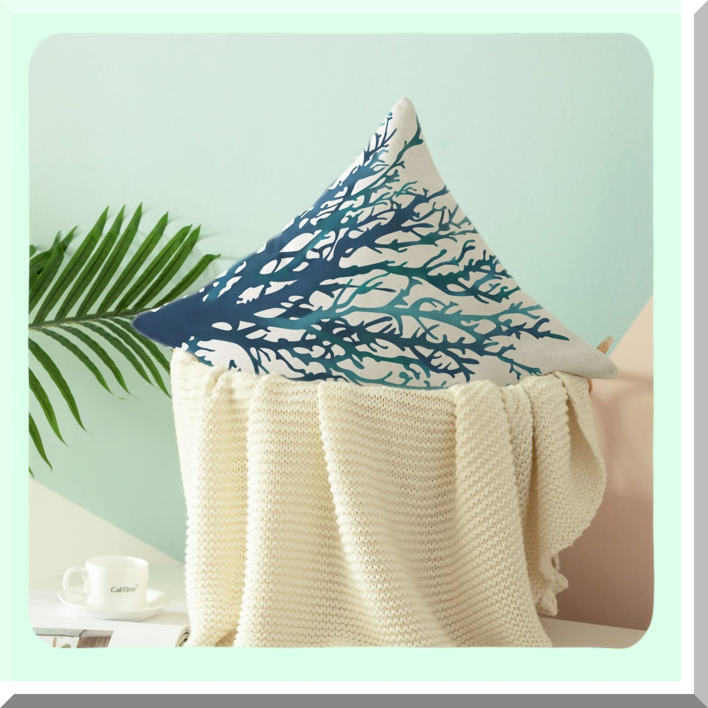 Aquarelle Coral Tree Pillow Cover - Sea Blue Teal Sofa Decor Shell, 18x18 Inches, Couch Home Decoration, Canvas Painting Print