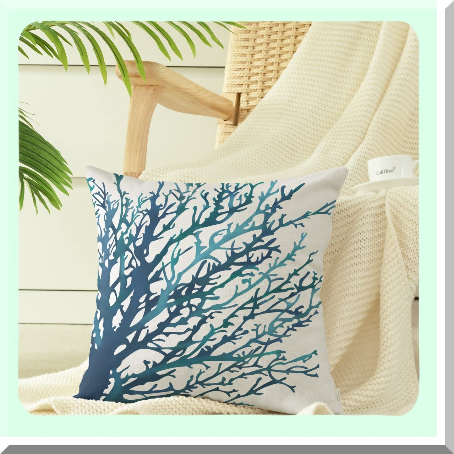 Aquarelle Coral Tree Pillow Cover - Sea Blue Teal Sofa Decor Shell, 18x18 Inches, Couch Home Decoration, Canvas Painting Print