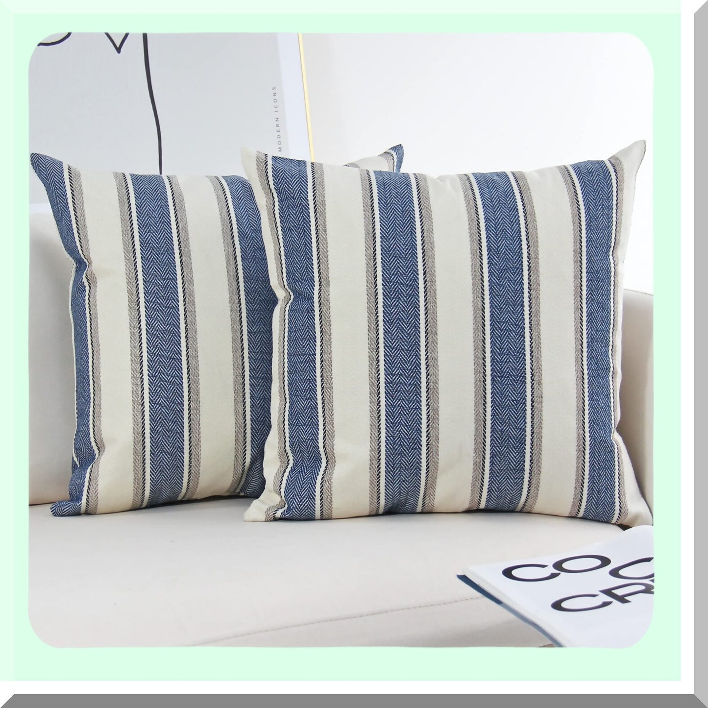 Blue Stripe Farmhouse Pillow Covers Set of 2 - 20x20 Inch Decorative Throw Pillowcases