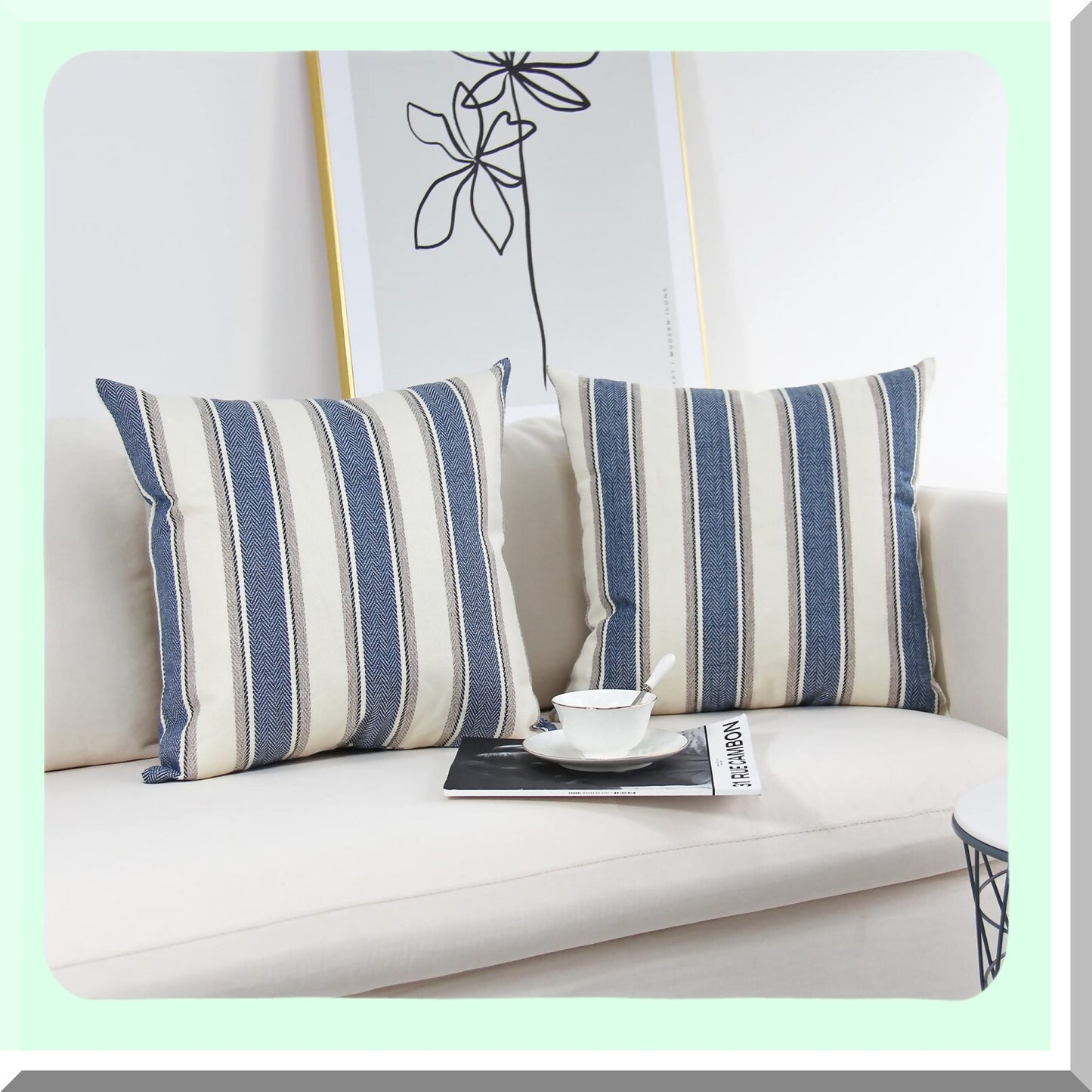 Blue Stripe Farmhouse Pillow Covers Set of 2 - 20x20 Inch Decorative Throw Pillowcases