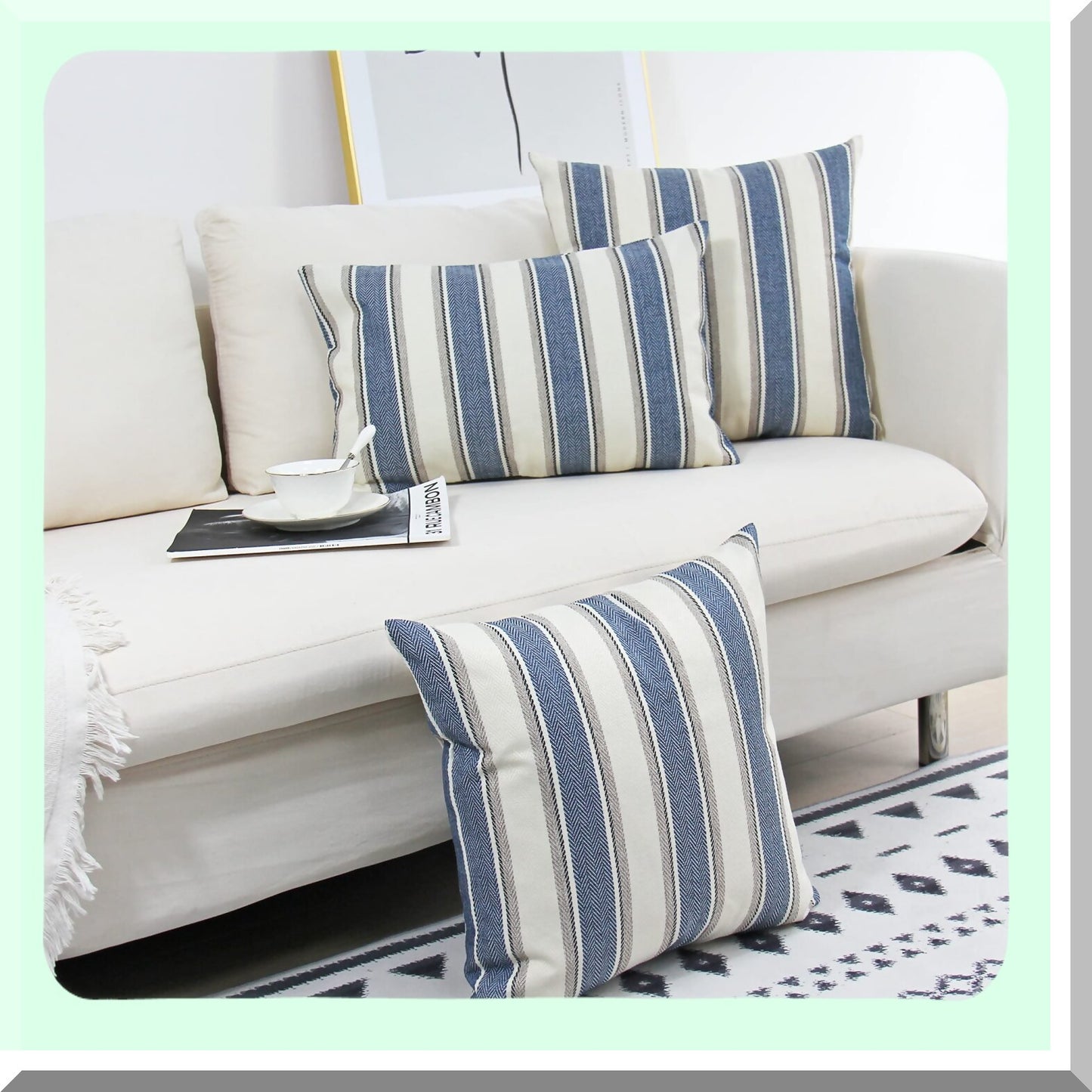 Blue Stripe Farmhouse Pillow Covers Set of 2 - 20x20 Inch Decorative Throw Pillowcases
