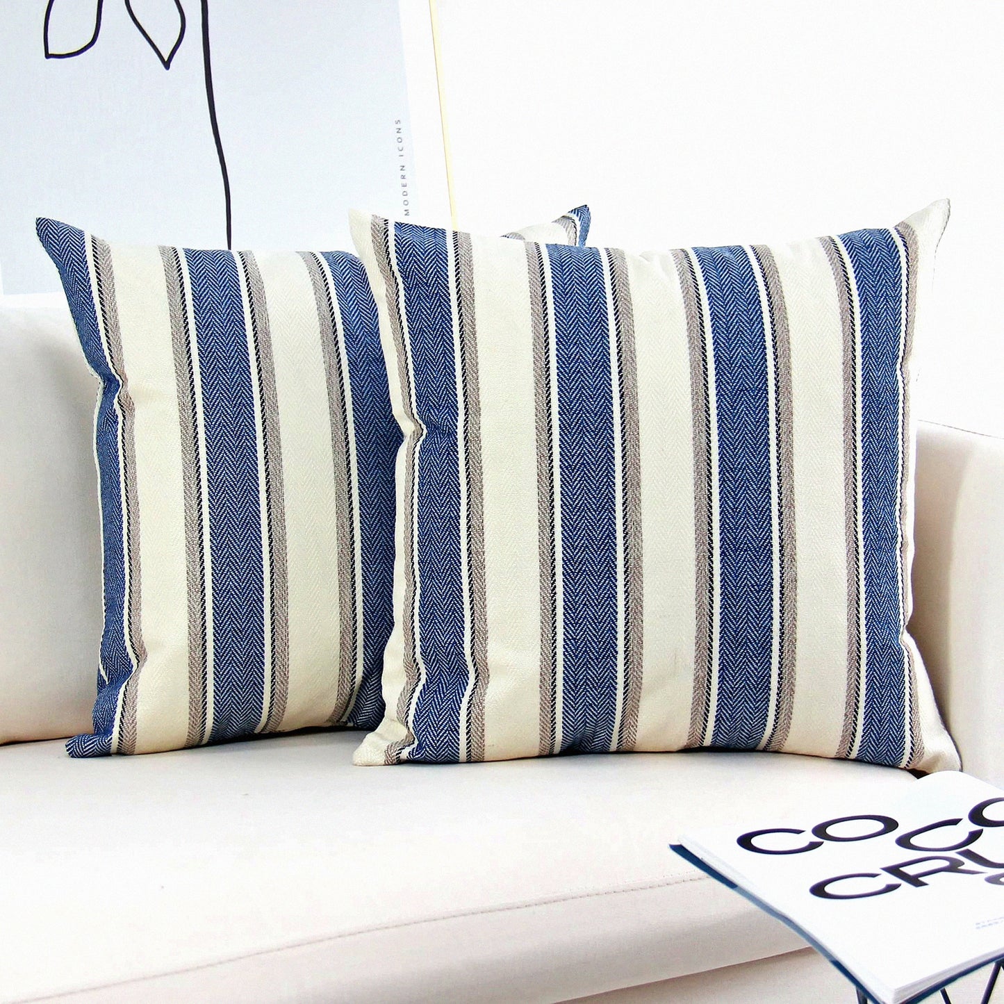 Blue Stripe Farmhouse Pillow Covers Set of 2 - 20x20 Inch Decorative Throw Pillowcases