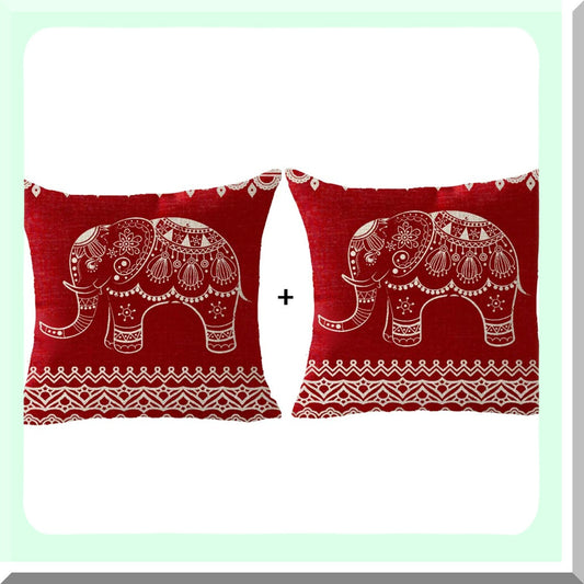 Bohemia Elephant Retro Red Throw Pillow Cover - Ethnic Style Animal Pattern Cushion Case - Cotton Linen Decorative 18X18 inches
